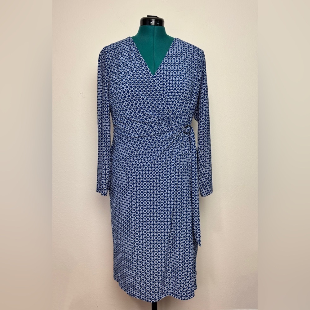 Lauren Ralph Lauren Woman’s Faux Wrap blue Dress size 14 Long Sleeve Geometric